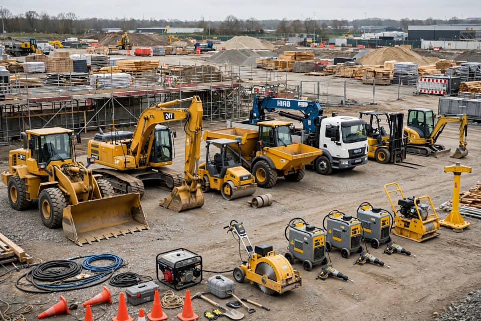 Pack chantier SOBECI — chargeuse, pelle, compacteur, dumper et accessoires