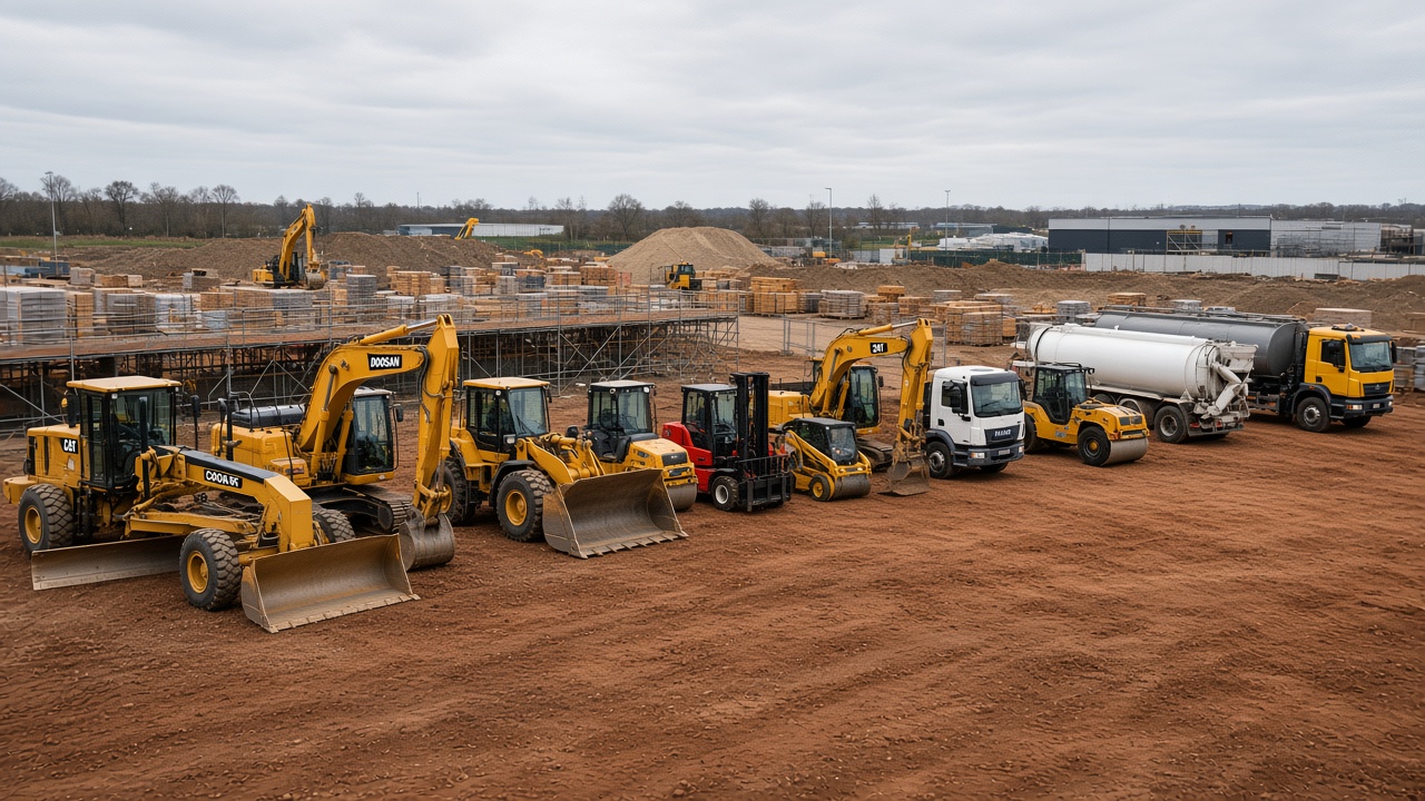Parc logistique SOBECI — niveleuse, pelles, chargeuse, compacteurs et camions